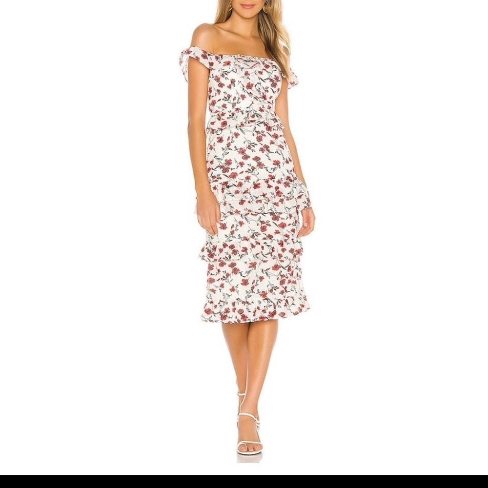 Tularosa White One-Shoulder Floral Ruffle Midi Dress